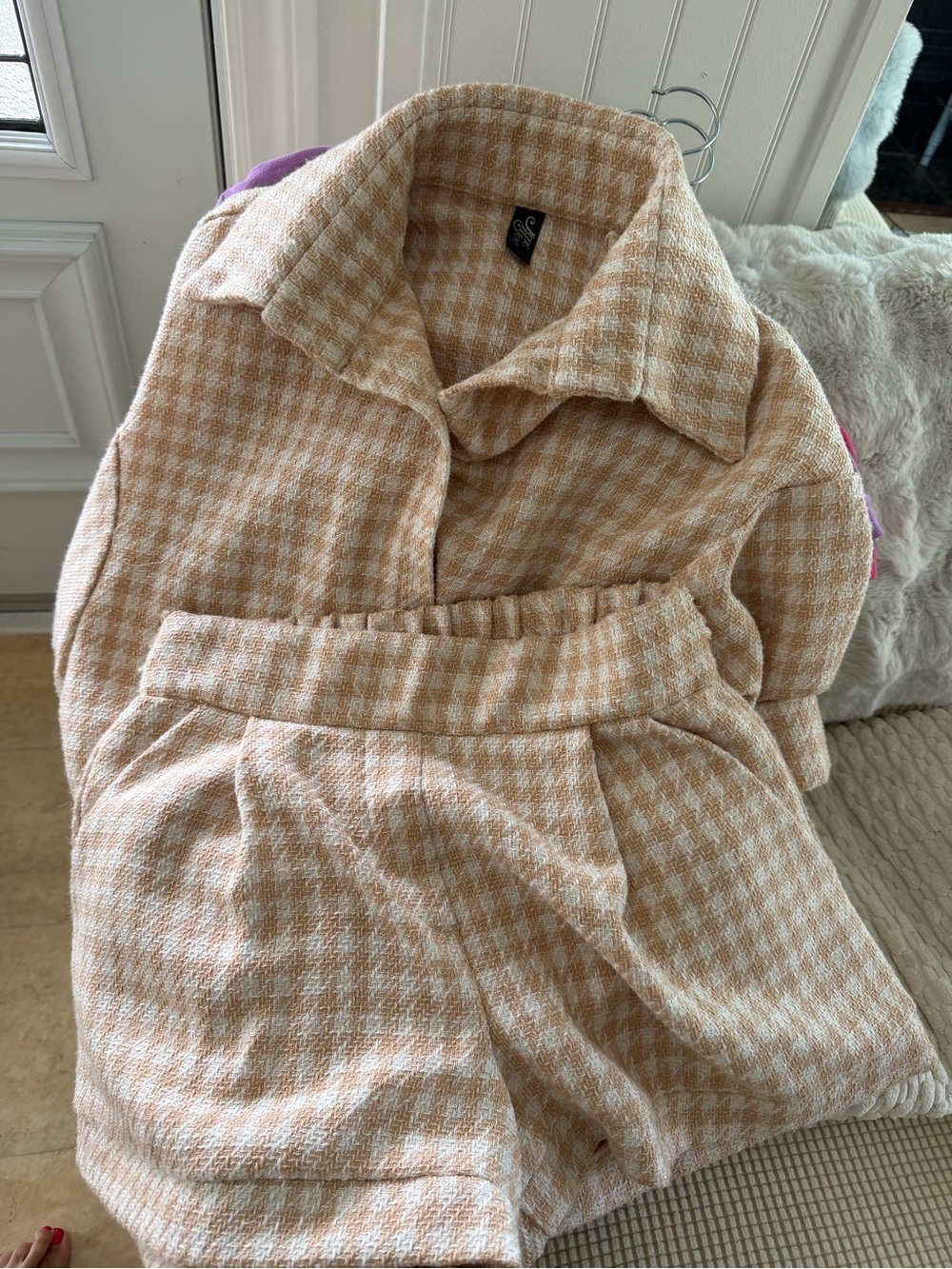 Jax Beige Houndstooth Oversized Blazer Jacket